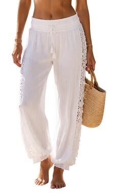 Ocean Drive White Crochet Trim Boho Beach Cover Up Pants Women's Medium